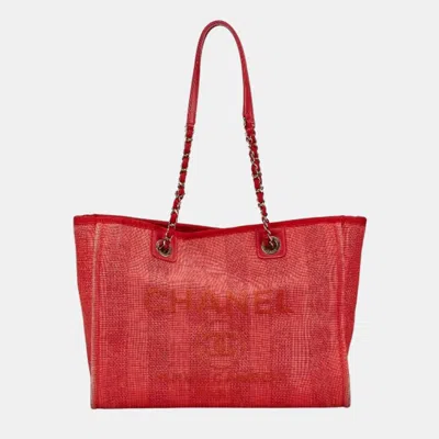Pre-owned Chanel Deauville Mm Red Canvas Leather Tote Bag