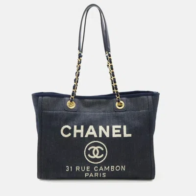 Pre-owned Chanel Deauville Navy Blue Denim Medium Chain Shoulder Bag