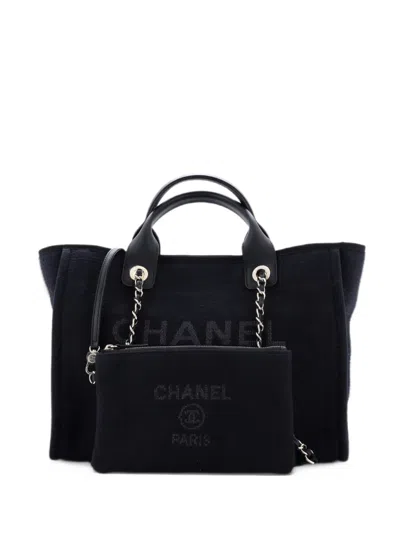 Pre-owned Chanel Deauville Nm Mixed Fibers Small Tote Bag In Black