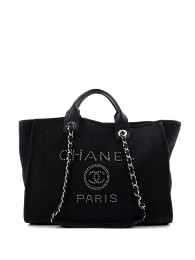 Pre-owned Chanel Deauville Pearl Embellished Canvas Medium Tote Bag In Black