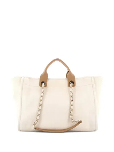 Pre-owned Chanel Deauville Pearl Embellished Canvas Medium Tote Bag In Neutral
