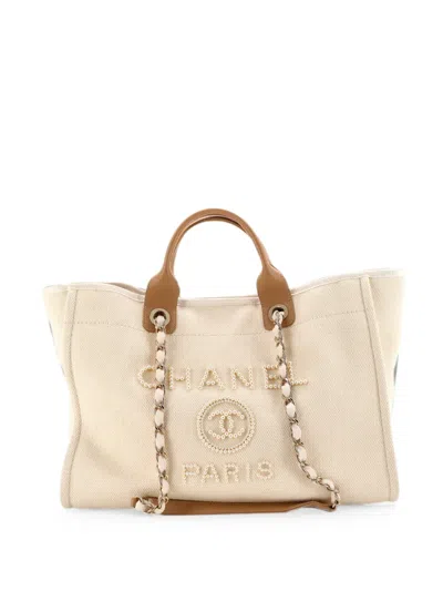 Pre-owned Chanel Deauville Pearl Embellished Canvas Medium Tote Bag In Neutral
