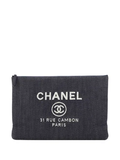 Pre-owned Chanel Deauville Pouch Denim Large Clutch Bag In Blue