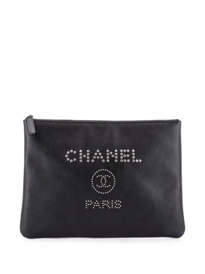 Pre-owned Chanel Deauville Pouch Studded Caviar Medium Clutch Bag In Black
