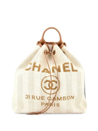 Pre-owned Chanel Deauville Raffia Large Backpack In Neutrals