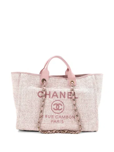 Pre-owned Chanel Deauville Raffia With Glitter Detail Medium Tote Bag In Pink