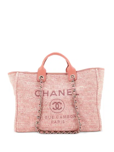 Pre-owned Chanel Deauville Raffia With Glitter Detail Medium Tote Bag In Pink