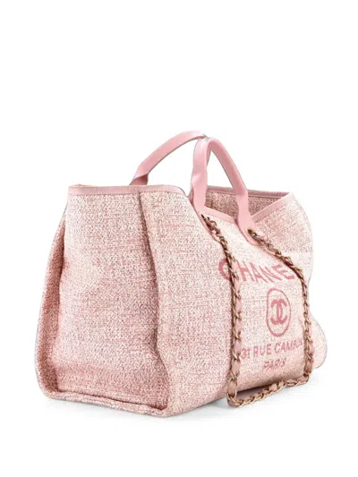 Pre-owned Chanel Deauville Raffia With Glitter Detail Medium Tote Bag In Pink