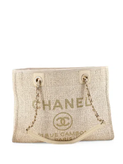 Pre-owned Chanel Deauville Raffia With Glitter Detail Small Tote Bag In Neutral