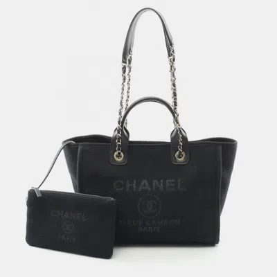 Pre-owned Chanel Deauville Small Black Canvas And Leather Tote Bag