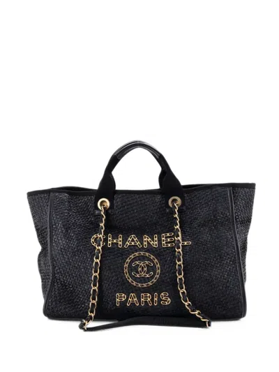 Pre-owned Chanel Deauville Straw With Chain Detail Medium Tote Bag In Black