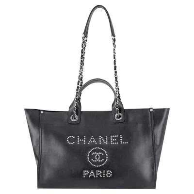Pre-owned Chanel Deauville Studded Caviar Leather Logo Large Tote Bag In Black