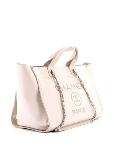 Pre-owned Chanel Deauville Studded Caviar Medium Tote Bag In White