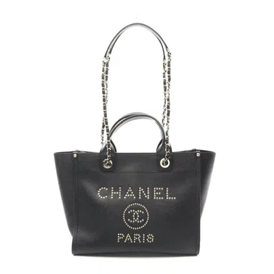 Pre-owned Chanel Deauville Tote Bag Leather In Black