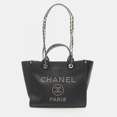 Pre-owned Chanel Deauville Tote Bag Leather Grained Calfskin Black