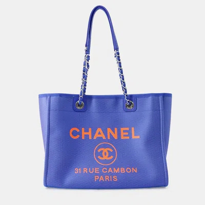 Pre-owned Chanel Deauville Tote Bag Purple/orange Canvas Leather Size Medium