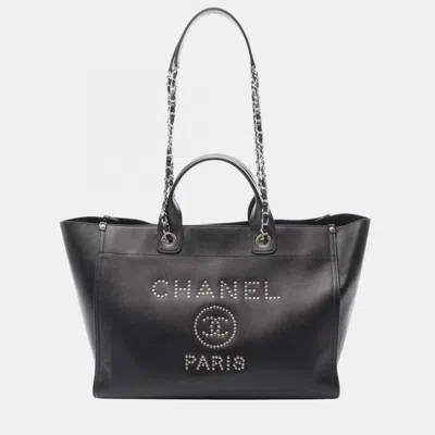 Pre-owned Chanel Deauville Tote Chain Shoulder Bag Calf Leather Black
