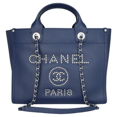 Pre-owned Chanel Deauville Tote Small Navy Blue Caviar Studded With Silver Hardware 2018