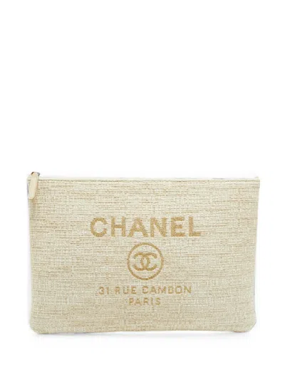Pre-owned Chanel Deauville Tweed Clutch Bag In Neutral