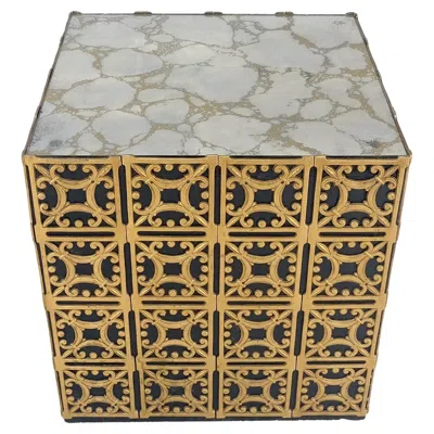 Pre-owned Chanel Decorative Brass Pattern Shaped Cube Base Side Table W/ Smoke Mirrored Top Mint In Black