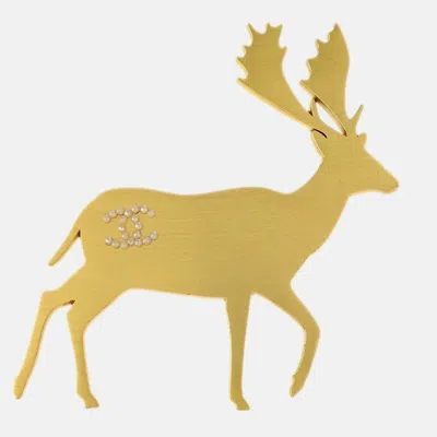 Pre-owned Chanel Deer Gold Plated Artificial Pearl Brooch Pin