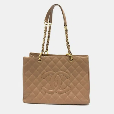 Pre-owned Chanel Deka Coco Cc Mark Tote Bag Matelasse Double Chain Shoulder Caviar Skin Beige In Sand