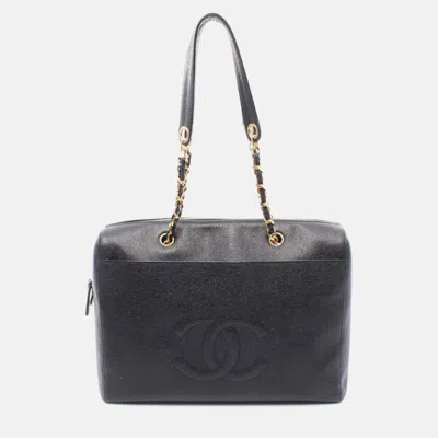 Pre-owned Chanel Deka Coco Mark Shoulder Bag Calfskin Leather Black