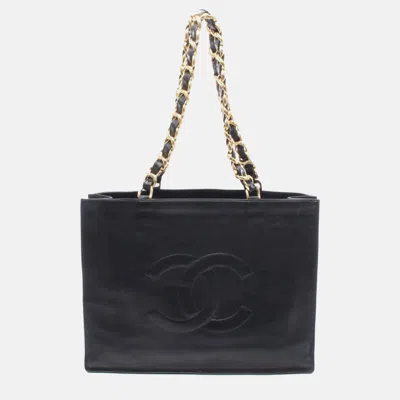 Pre-owned Chanel Deka Coco Mark Tote Bag Lambskin Leather Black