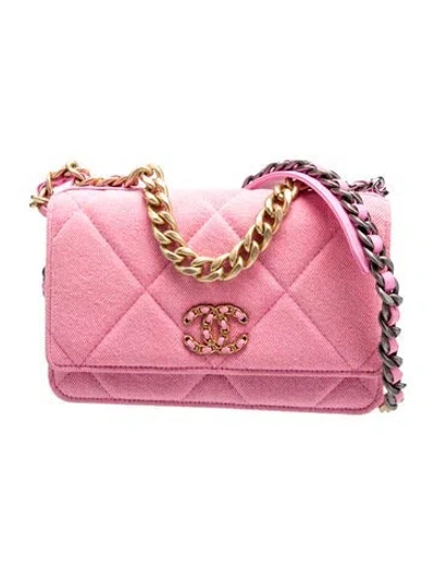 Pre-owned Chanel Denim 19 Wallet On Chain In Pink