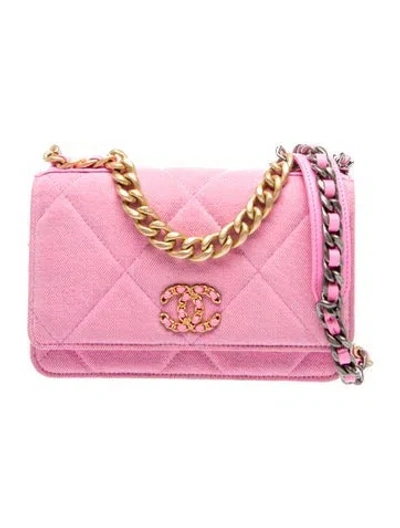Pre-owned Chanel Denim 19 Wallet On Chain In Pink