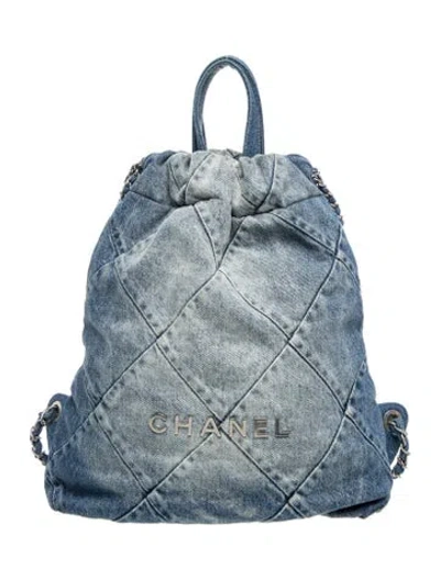 Pre-owned Chanel Denim 22 Backpack In Blue