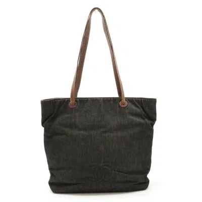 Pre-owned Chanel Denim Black Dark Brown Denim Leather Shoulder Bag Tote Bag () In Black, Dark Brown