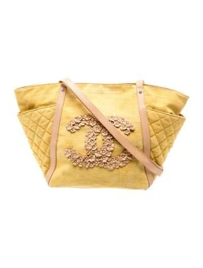 Pre-owned Chanel Denim Camellia Cc Tote In Yellow