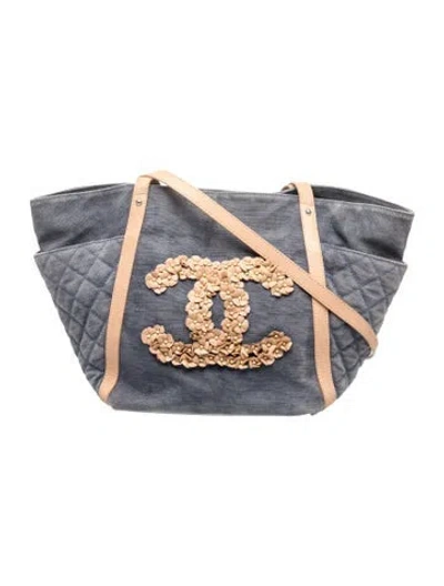 Pre-owned Chanel Denim Camellia Tote In Blue