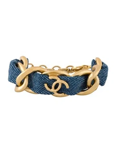 Pre-owned Chanel Denim Cc Link Bracelet, 7" In Blue