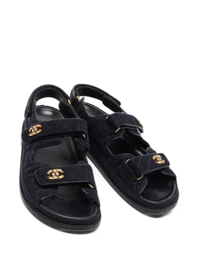 Pre-owned Chanel Denim Cc Logo Sandals In Blue
