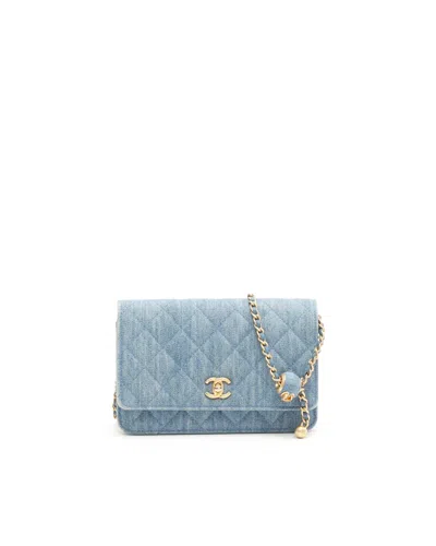 Pre-owned Chanel Denim Cc Pearl Crush Wallet On Chain Bag In Blue