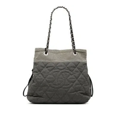 Pre-owned Chanel Denim Cc Quilted Denim Bonbon Tote In Gray