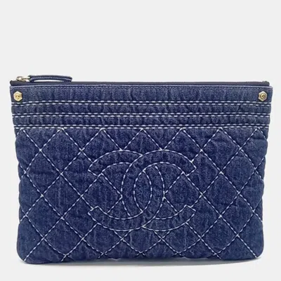 Pre-owned Chanel Denim Clutch New Medium In Blue
