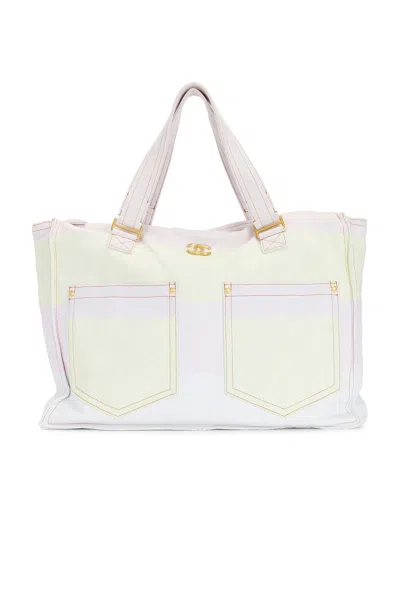 Pre-owned Chanel Denim Double Pocket Tote Bag In White