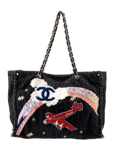 Pre-owned Chanel Denim Embroidered Night Flight Tote In Blue