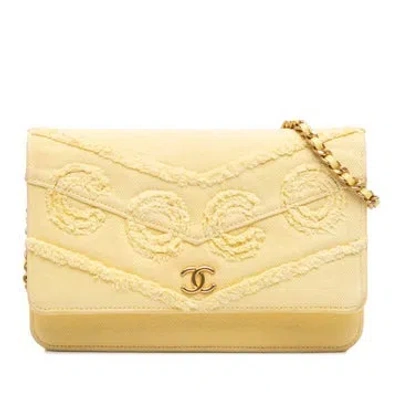 Pre-owned Chanel Denim Fringe Coco Wallet On Chain In Yellow