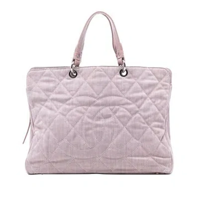 Pre-owned Chanel Denim Large Cc Quilted Denim Tote In Pink