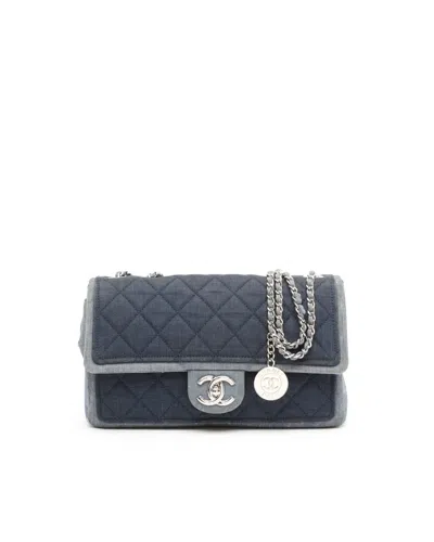 Pre-owned Chanel Denim Medallion Medium Flap Bag In Blue