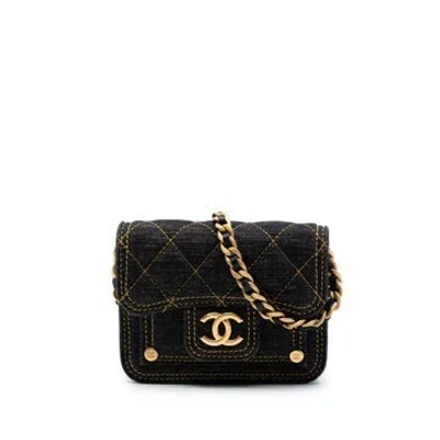 Pre-owned Chanel Denim Mini Quilted Denim Double You Card Holder With Chain In Blue