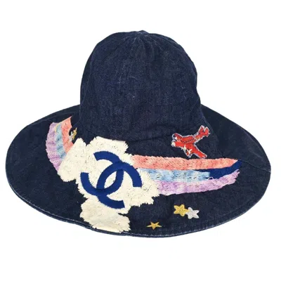 Pre-owned Chanel Denim Mood Bucket Hat Night Flight Embroidery Navy Denim_jeans Head Accessory Accessory (pre-