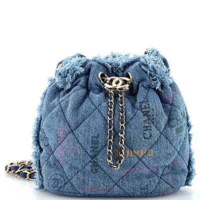 Pre-owned Chanel Denim Mood Chain Bucket Bag Logo Printed Quilted Fringe Denim Medium In Blue