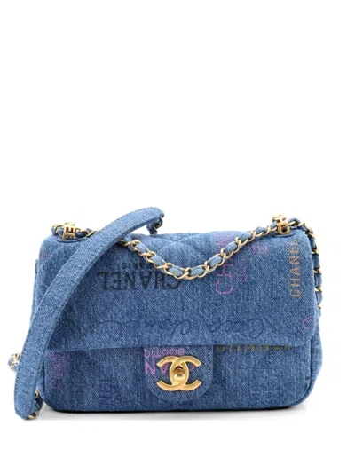 Pre-owned Chanel Denim Mood Flap Bag Logo Printed Quilted Denim Small Crossbody Bag In Blue