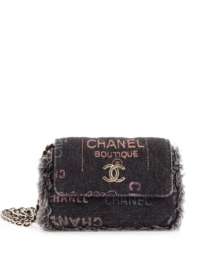 Pre-owned Chanel Denim Mood Flap Clutch With Chain Logo Printed Quilted Fringe Denim Crossbody Bag In ブラック