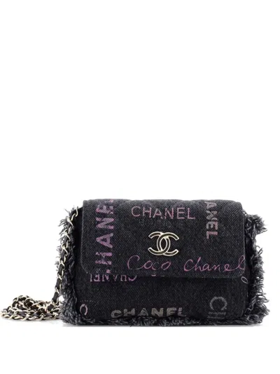 Pre-owned Chanel Denim Mood Flap Clutch With Chain Logo Printed Quilted Fringe Denim Crossbody Bag In Black